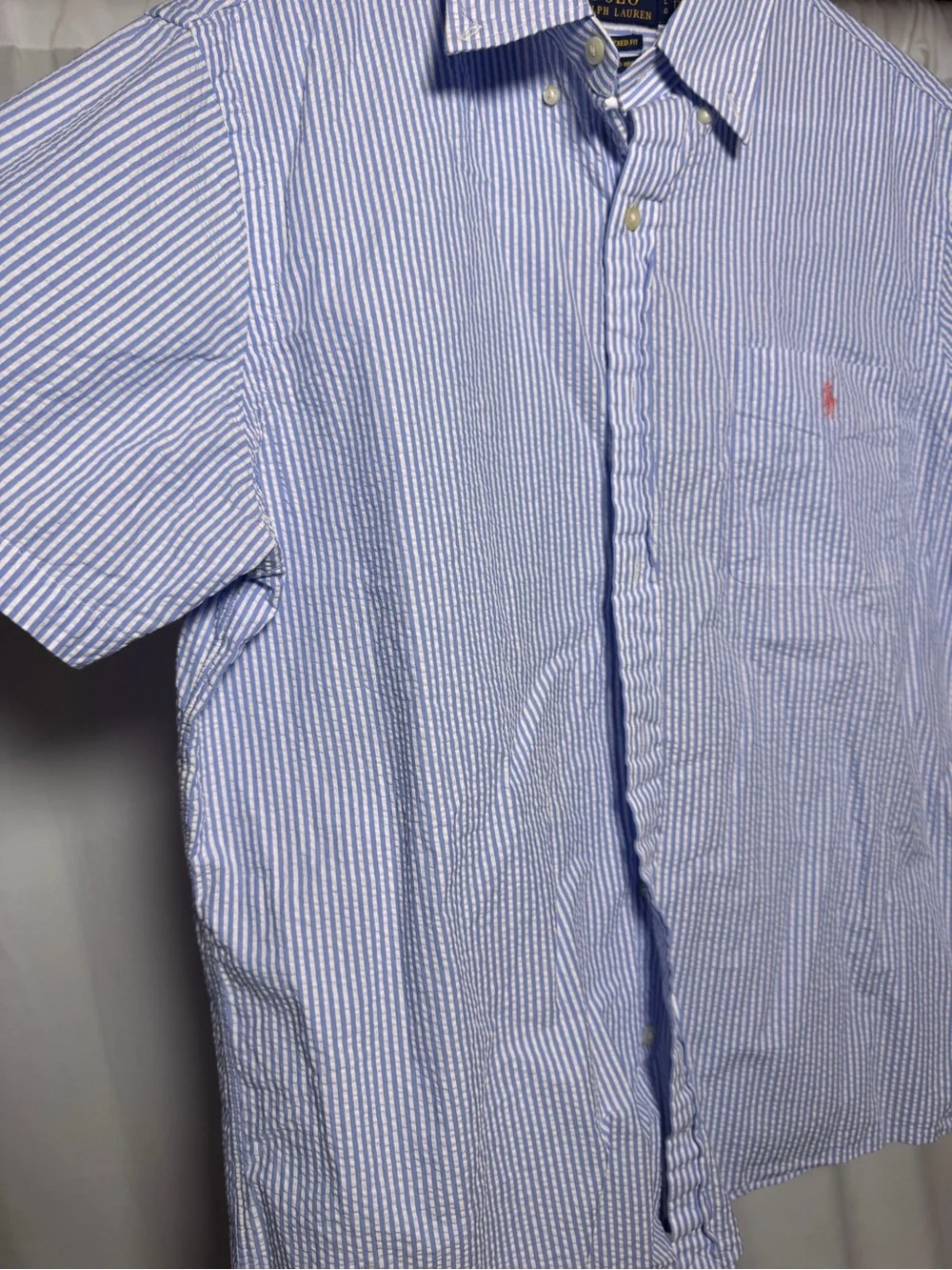 Polo Ralph Lauren Shirt Men Large Blue Untucked Fit Seersucker Short Sleeve